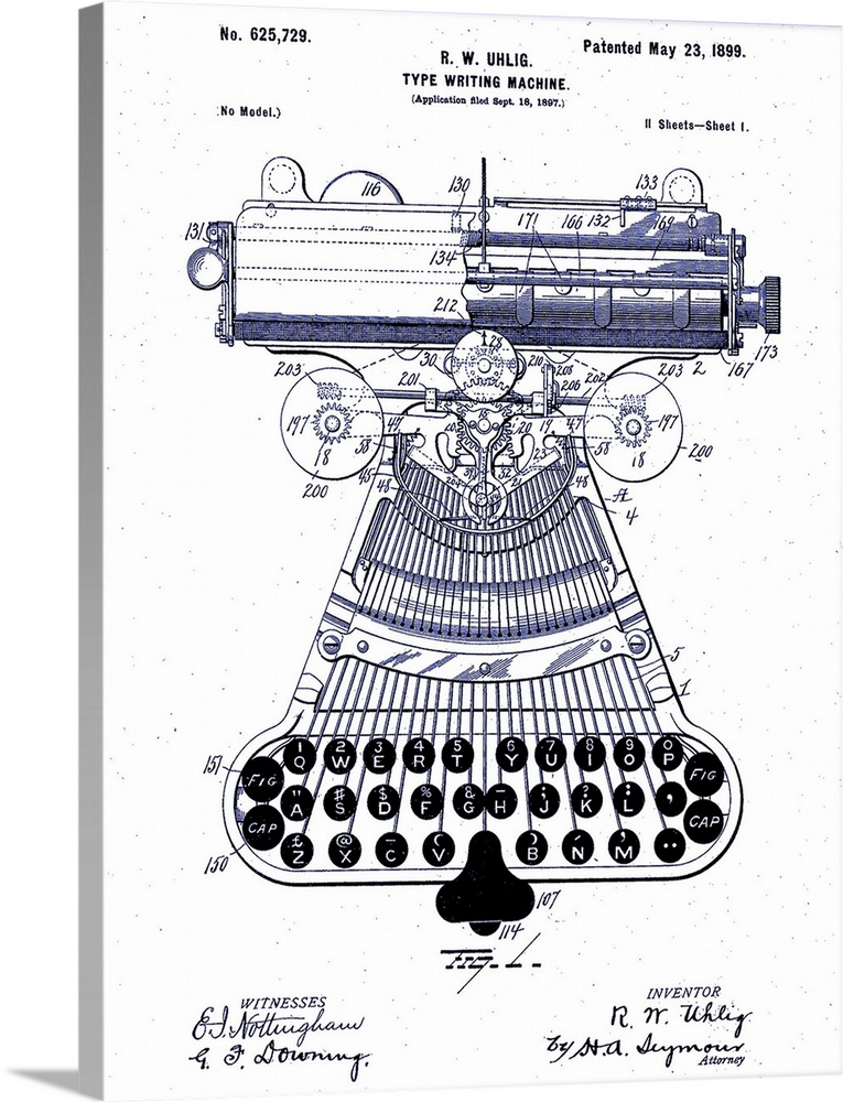 Type Writing Machine, Patented 1899 | Large Metal Wall Art Print | Great Big Canvas